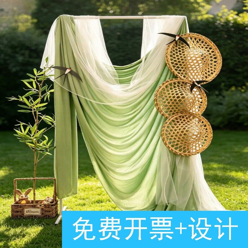 新中式绿纱布景户外草坪订婚布置茶会国风拍照打卡古风感直接拉满