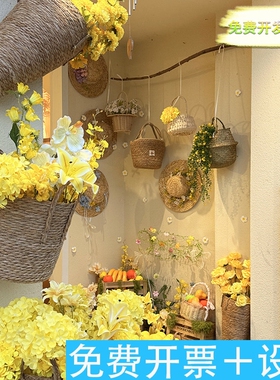 咖啡店夏天田园风仿真柠檬草编花篮摆件布置黄色系仿真花吊饰装饰