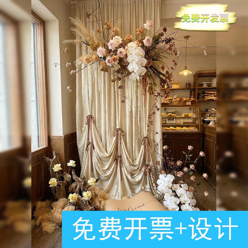 面包店秋日咖啡色仿真花艺摆件置景甜品店牛奶丝背景布打卡区布置