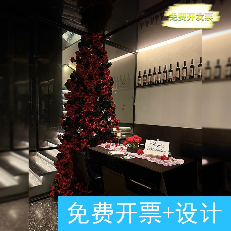 约会餐厅仿真玫瑰花瀑布氛围打卡区装饰巴厘纱褶皱布桌布材料布置