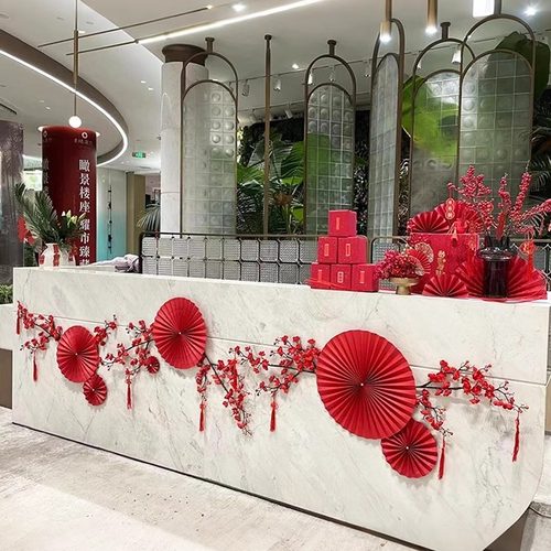 春节公司前台装饰新年元旦场景氛围活动布置折扇喜扇蛇年灯笼挂式