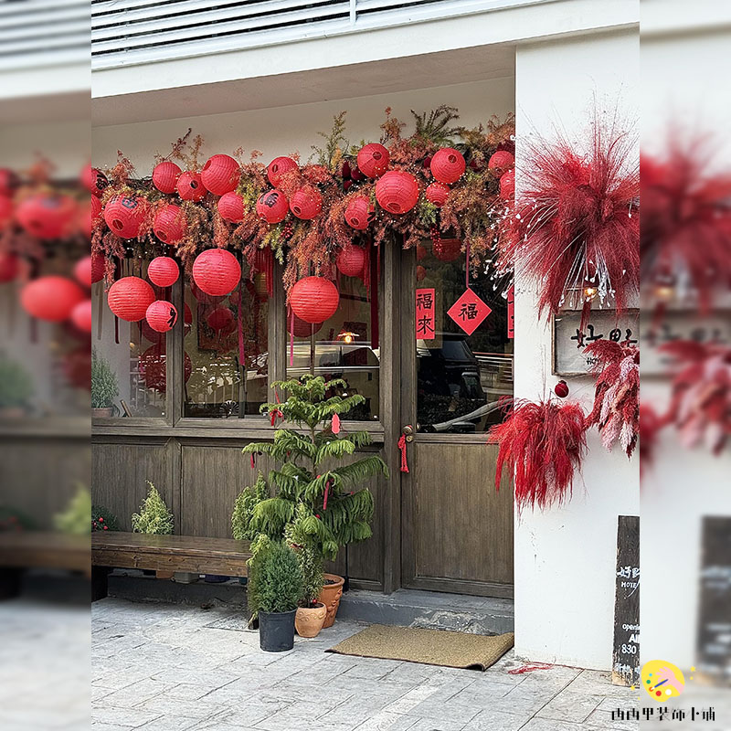 春节店铺门头纸灯笼仿真千层金打卡场景布置烟花仿真芦苇墙面装饰