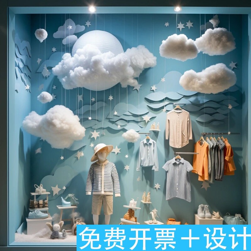 童装店云朵主题橱窗铺棉花
