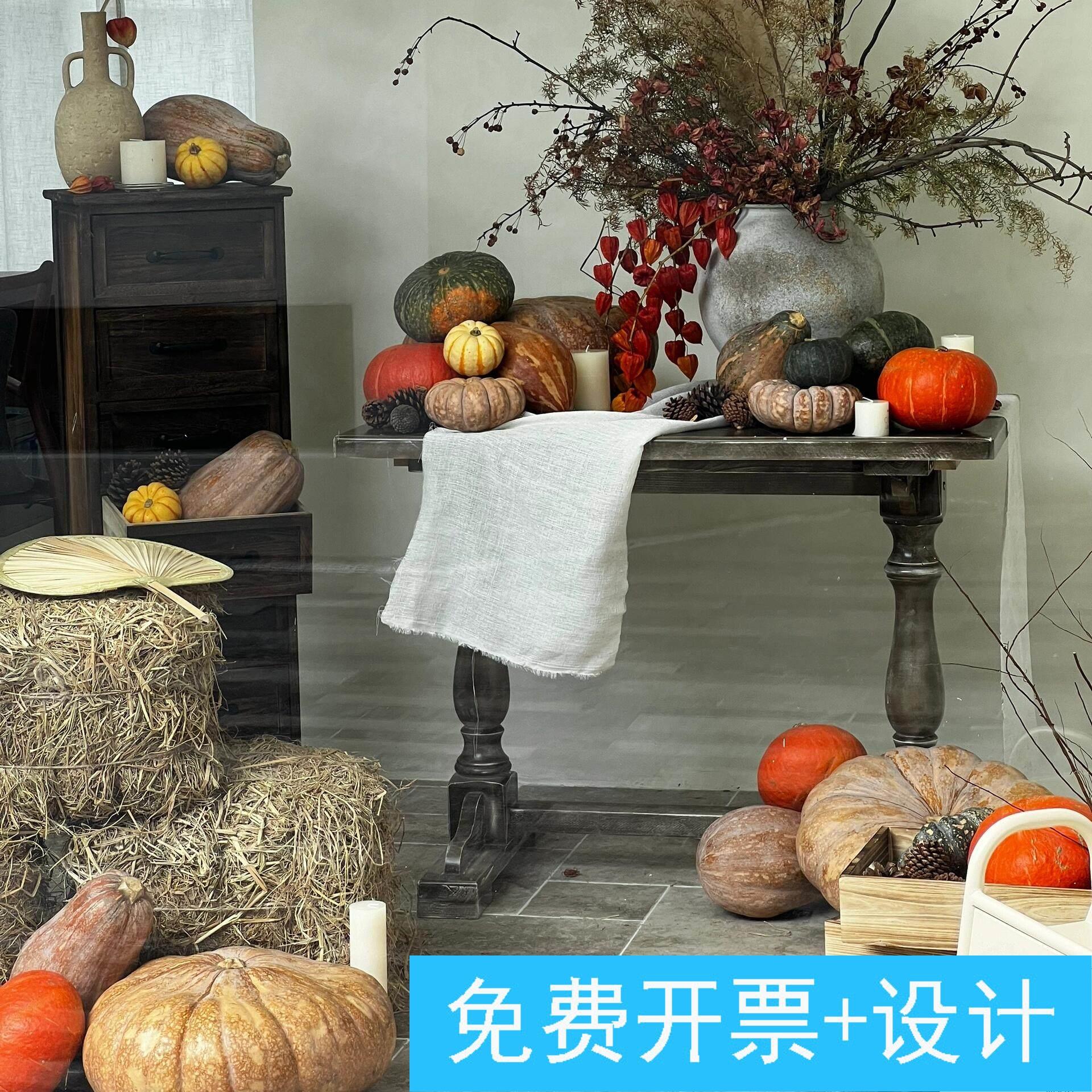仿真南瓜咖啡甜品店铺摆件装饰品橱窗美陈布置方形干草垛室内造景