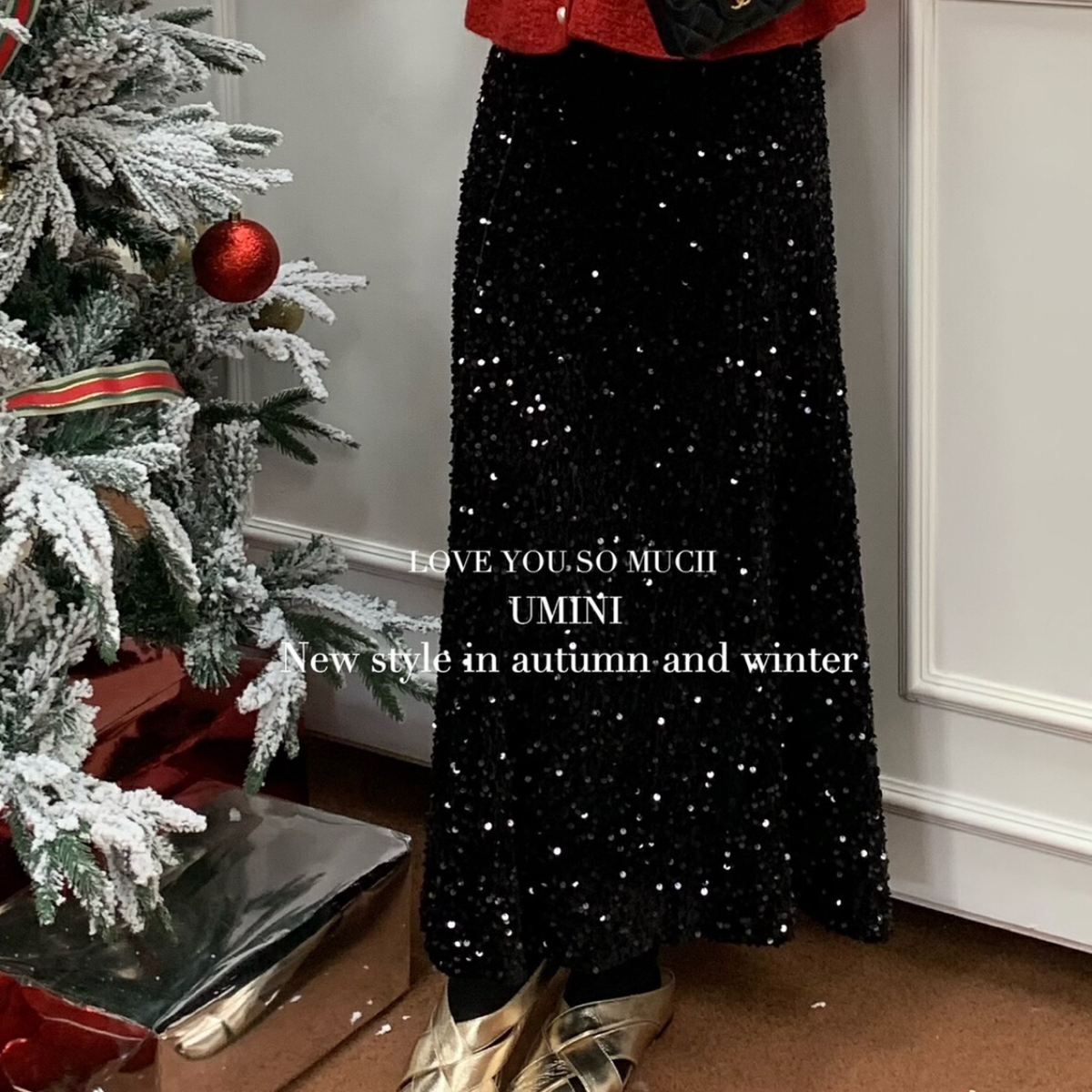 U+MINI-黑天鹅重工丝绒亮片鱼尾显瘦百搭半身裙