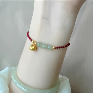 红绳金手链女款本命年新中式精致金坨坨仿真古法黄金手工编织手绳