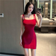 显瘦包臀短裙子 红色辣妹性感修身 纯欲风针织吊带连衣裙女夏季 新款