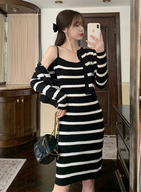 纯欲套装女2022年春夏新款法式复古条纹针织吊带连衣裙开衫两件套