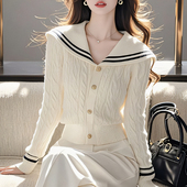 高级感绝美白色海军领长袖 针织开衫 女秋冬款 法式 百搭通勤软糯小衫