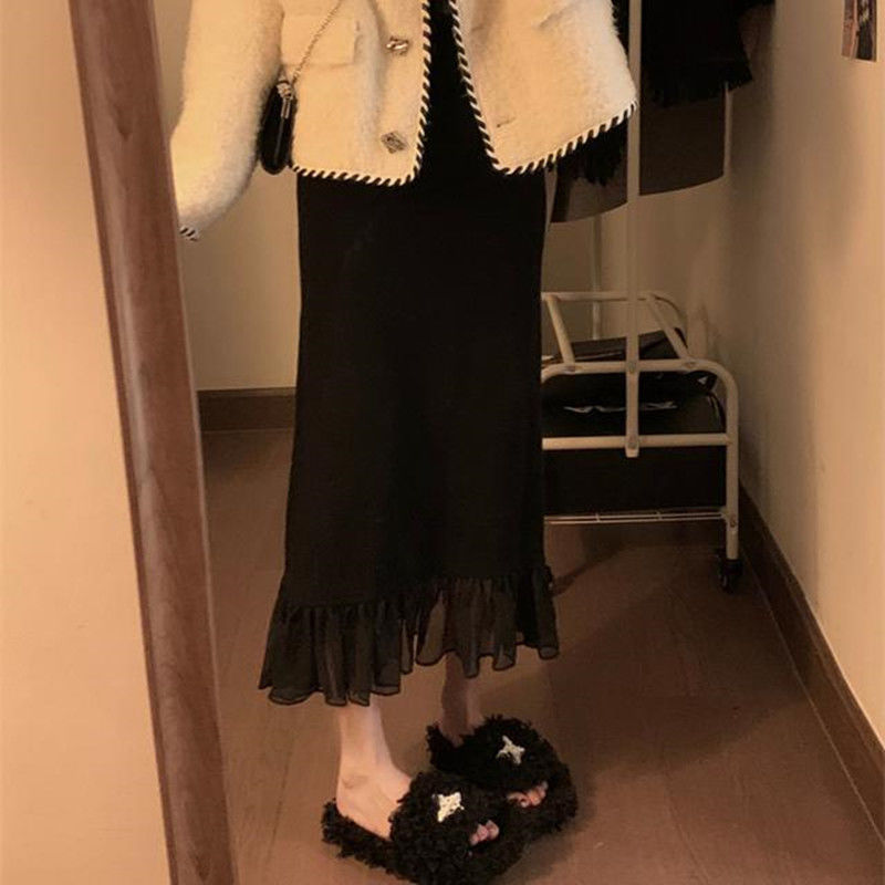 秋冬黑色网纱拼接半身裙女小个子