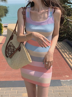 彩虹条纹针织背心吊带连衣裙女夏季辣妹包臀短裙无袖收腰性感裙子