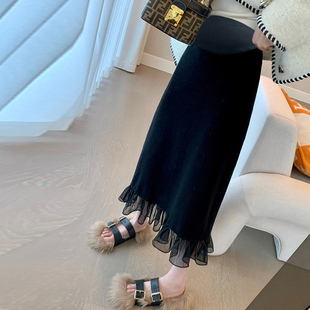 黑色拼接网纱半身裙女春秋高腰包臀a字长裙子冬季 坠感半裙小个子