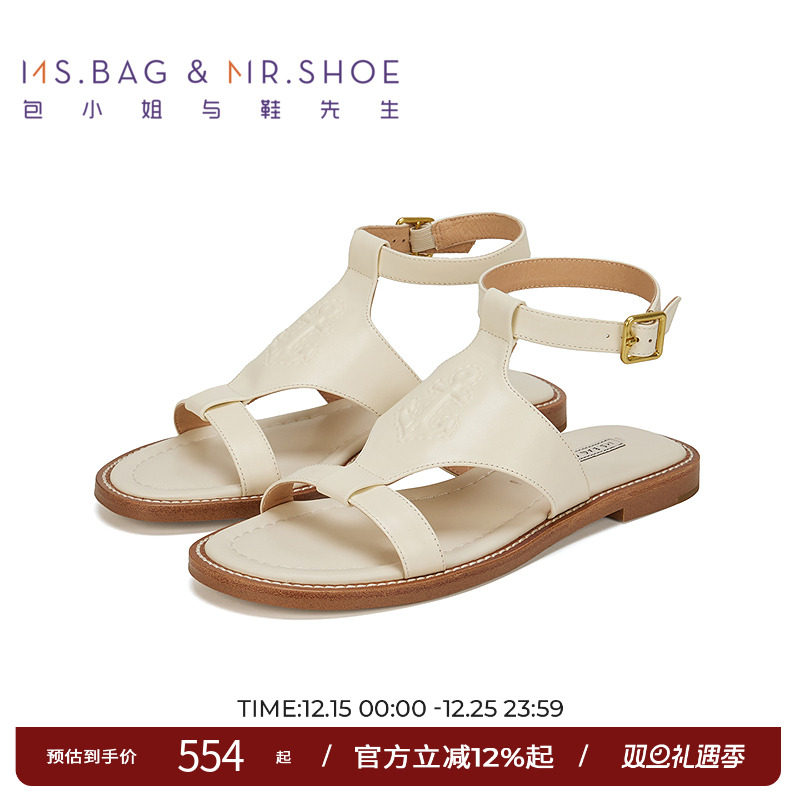 包小姐与鞋先生2025年夏季新款牛皮船锚图案休闲平底凉鞋女252