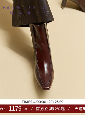 包小姐与鞋先生2025年冬季新款手缝线油蜡牛皮高跟短筒靴女254130