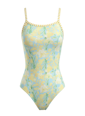 Le Poseidon清新黄花卉连体泳衣细肩带美背设计高弹速干显瘦遮肉