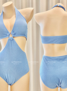 海王甜心蓝色气质女神温泉连体保守泳衣女显瘦海边度假2023新款设