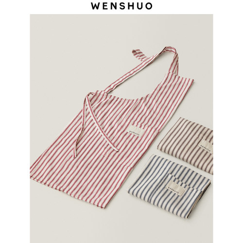 WENSHUO简约条纹带口袋全身围裙