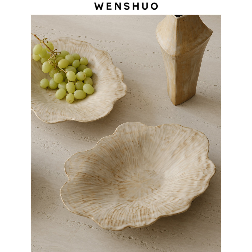 WENSHUO 法式创意花瓣盘水果盘粗陶家用深盘碟子沙拉盘意面盘