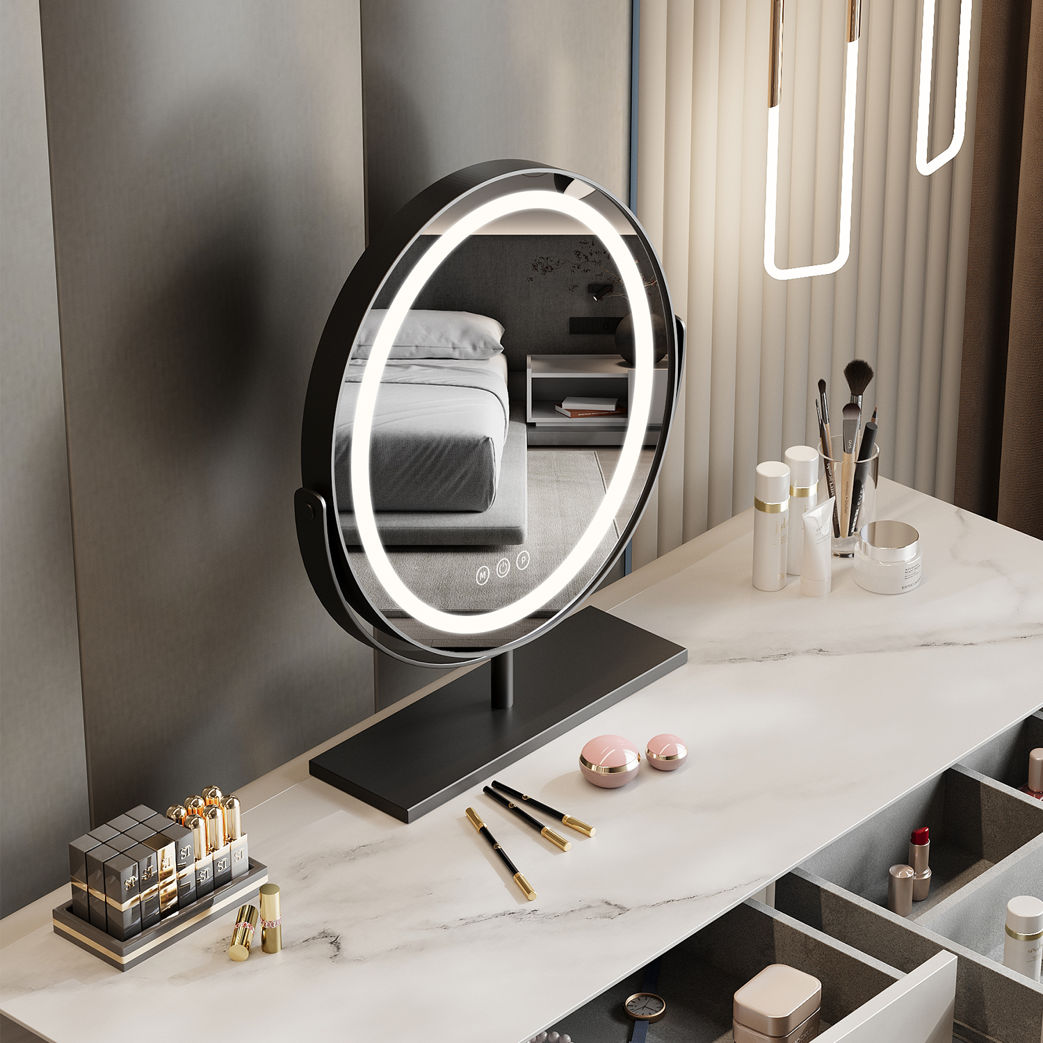 圆形梳妆台镜子带灯台式桌面高级发光梳妆镜可旋转卧室智能化妆镜