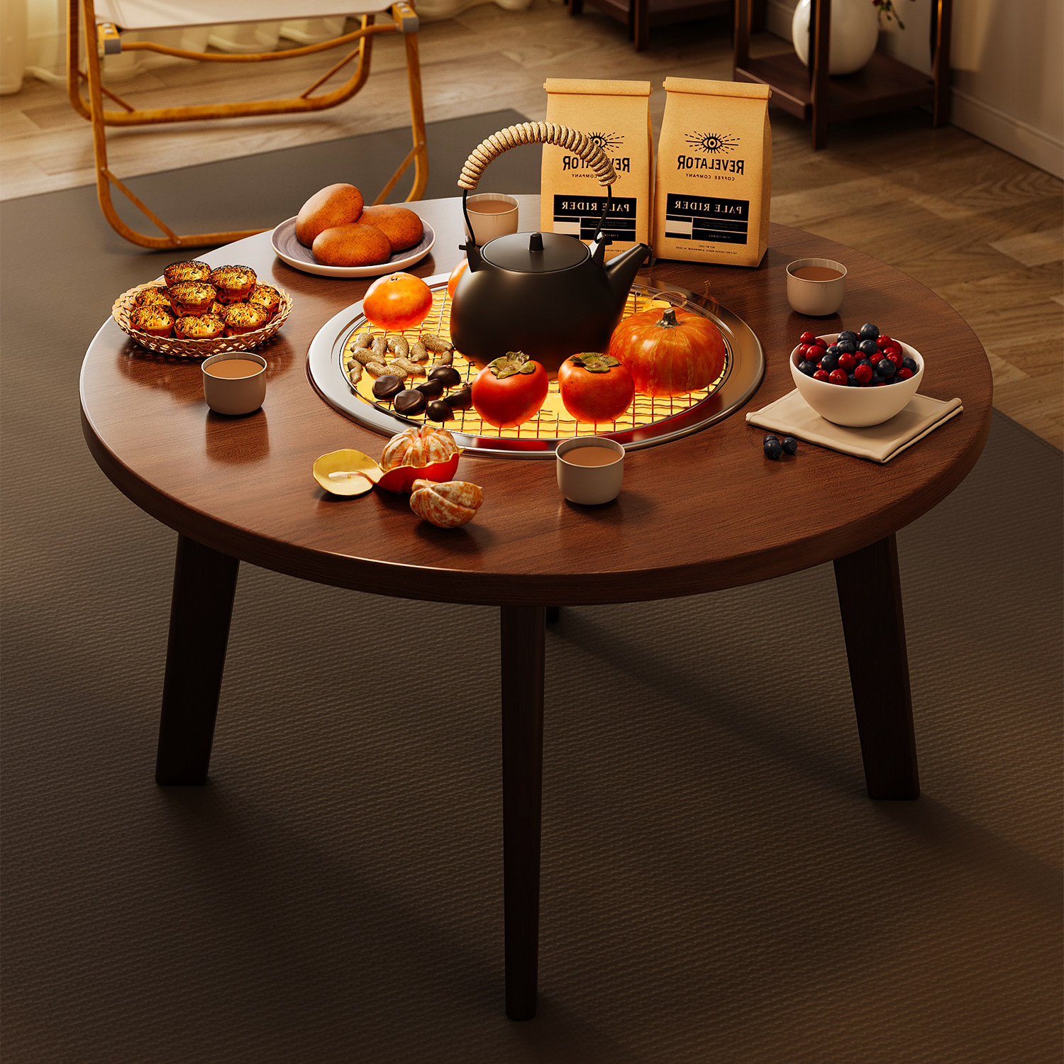 围炉煮茶实木圆形折叠桌客厅茶几多功能家用庭院烧烤桌小户型餐桌