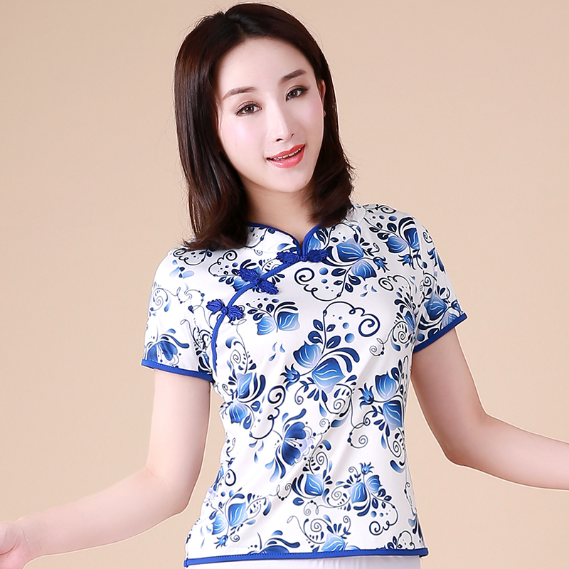 长袖青花瓷舞蹈服民族风广场舞服装立领中老年跳舞练功服春夏新款