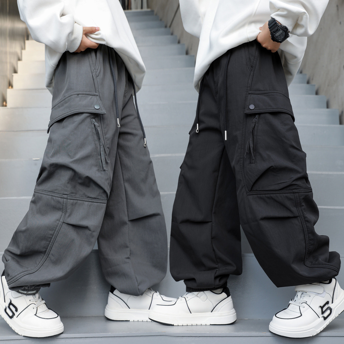 男童工装风高弹力长裤春秋季中大童休闲裤拉链大口袋运动裤子薄款