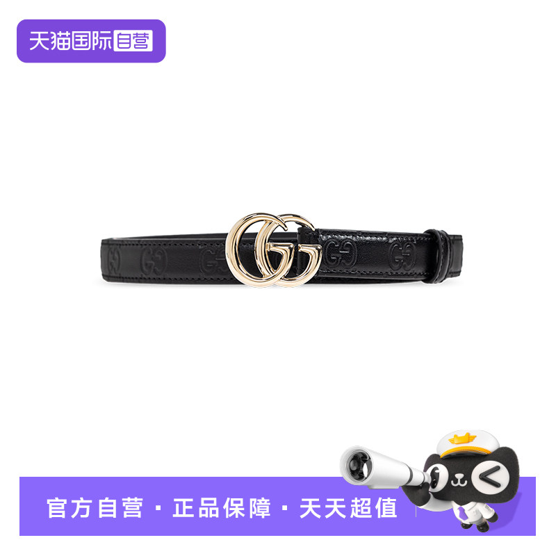 【自营】GUCCI古驰双G标识腰带扣窄版GG 皮革皮带女款黑色宽2cm