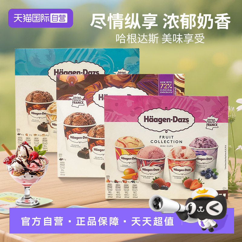 【自营】哈根达斯mini杯 经典巧克力水果口味冰淇淋4*95ml*2盒装