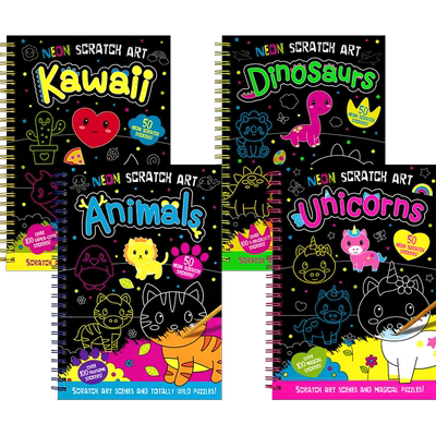 【自营】Neon Scratch Art Kawaii Dinosaurs Animals Unicorns 彩虹刮画贴纸活动书益智活动 专注力 手眼协调力 英文原版进口图书