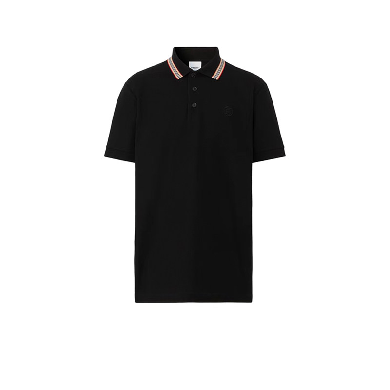 【自营】BURBERRY/博柏利Polo衫男款徽标条纹领口黑色棉质短袖T恤