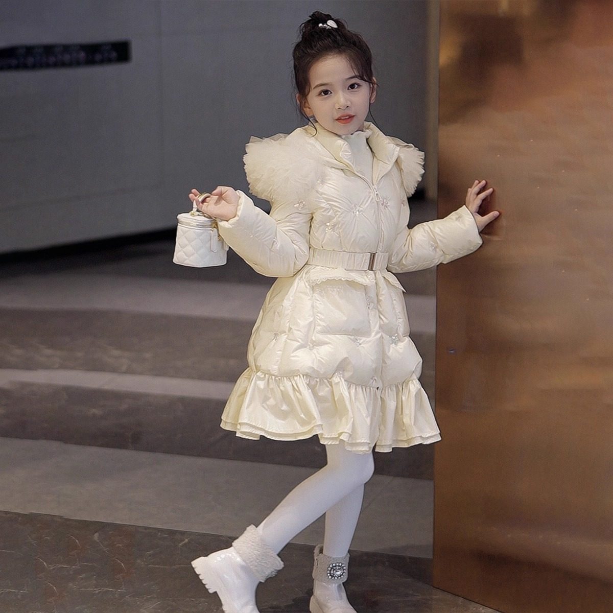 巴拉商场同款儿童收腰亮片绣花羽绒棉服女童中大童重工冬季长款甜