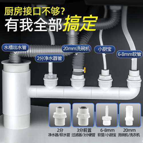 厨房下水管三通前置过滤器排水管道水槽洗碗机净水器多功能接头通