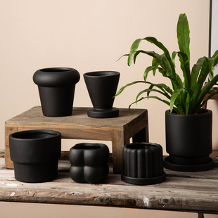 哑光黑色陶土花盆客厅家用简约多肉蝴蝶兰绿植大号陶瓷花盆带托盘