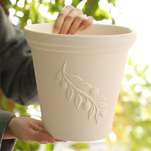 米白色橄榄枝浮雕陶土花盆花园庭院客厅蕨类绿植陶瓷套盆粗泥瓦盆