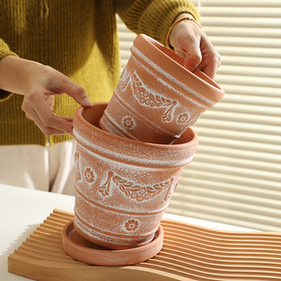 欧美复古粗陶红陶做旧花盆透气泥瓦盆多肉蝴蝶兰植物盆栽大口径