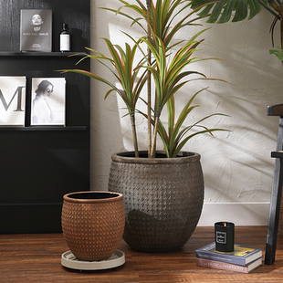 侘寂风方角纹镁泥花盆酒店民宿商场客厅特大号落地龟背竹绿植花盆