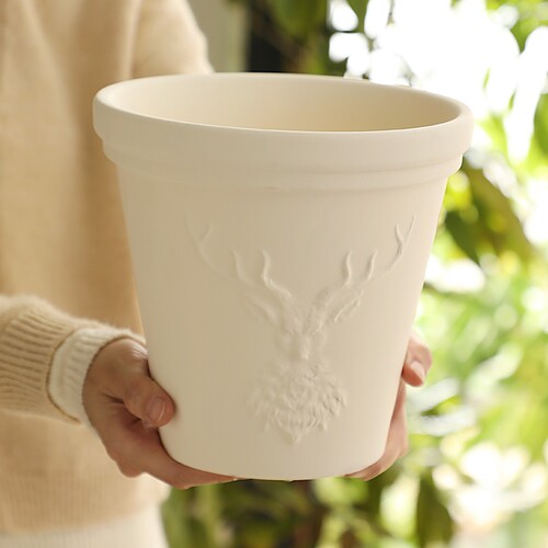 米白色鹿头浮雕陶土花盆花园庭院阳台小香松蝴蝶兰绿植素烧陶瓷盆