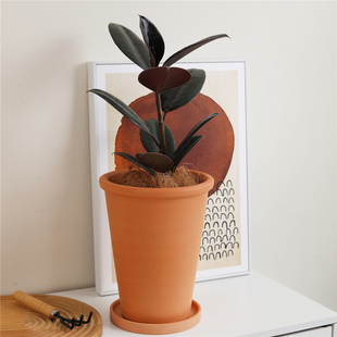 复古厚边瘦高直筒红陶花盆客厅庭院阳台花园落地兰花盆透气带托盘