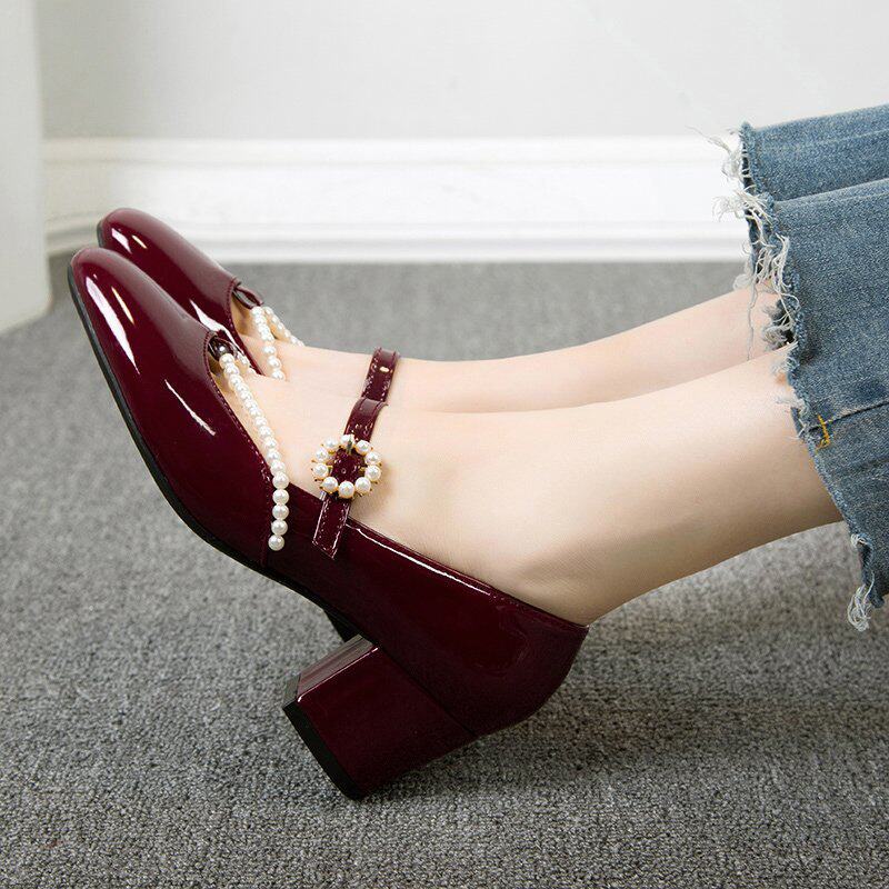 玛丽珍鞋单鞋女酒红色方头中跟法式复古粗跟珍珠漆皮设计师高跟鞋|ruв категории Женская обувь, низкий чистка - от Buy2taobao.com для оказания профессиональной услуги покупки агента Taobao