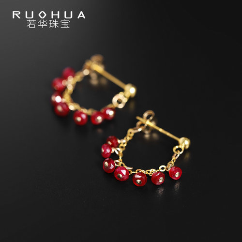 若华鸽血红宝石耳环18K金