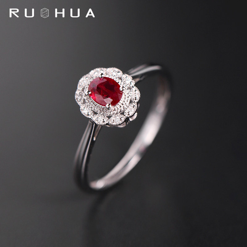 若华珠宝乐蕾 鸽血红宝石戒指女18k白金钻石尾戒彩宝指环礼物定制