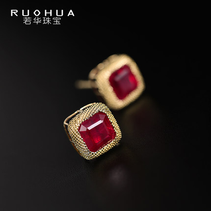 若华珠宝赤方#大颗粒红宝石耳钉女18K金简约耳环彩宝耳饰礼物定制