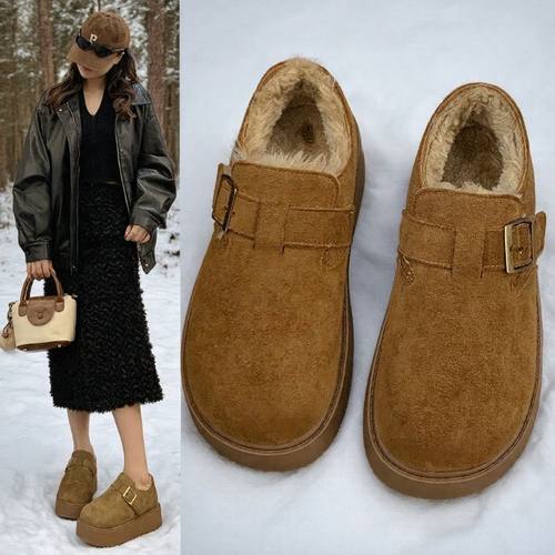 厚底加绒勃肯鞋女2025冬季新款小个子增高雪地靴懒人一脚蹬乐福鞋