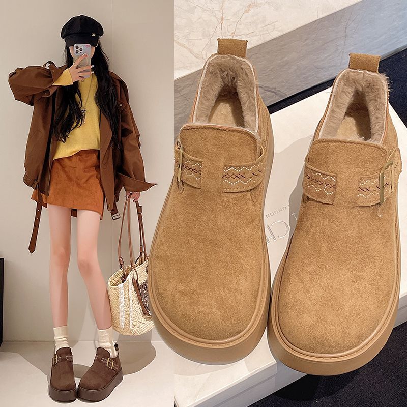 厚底加绒勃肯鞋女款2025新款冬季一脚蹬乐福鞋东北雪地靴保暖棉鞋