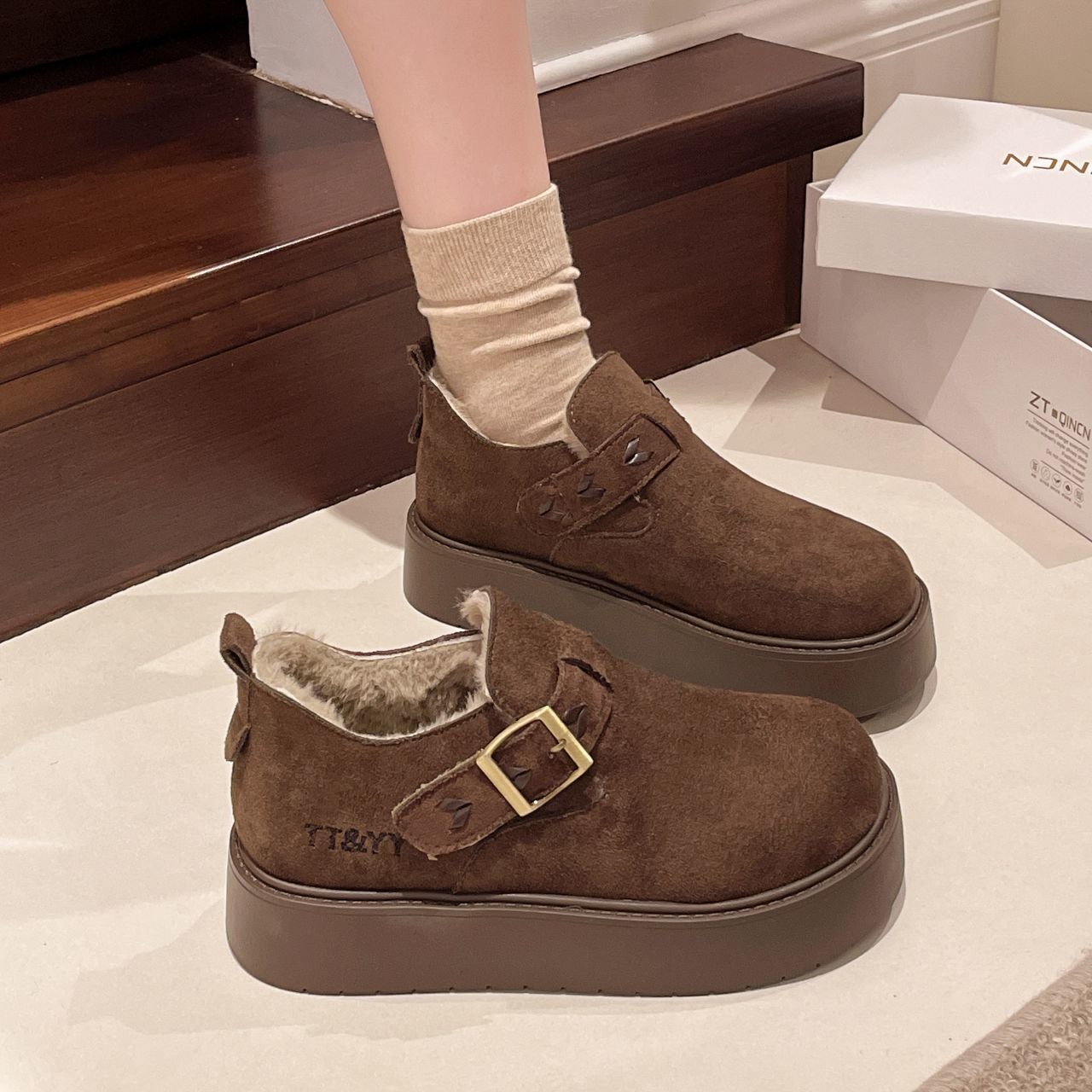 厚底加绒勃肯鞋女保暖雪地靴2025新款冬季一脚蹬乐福鞋毛毛棉鞋34