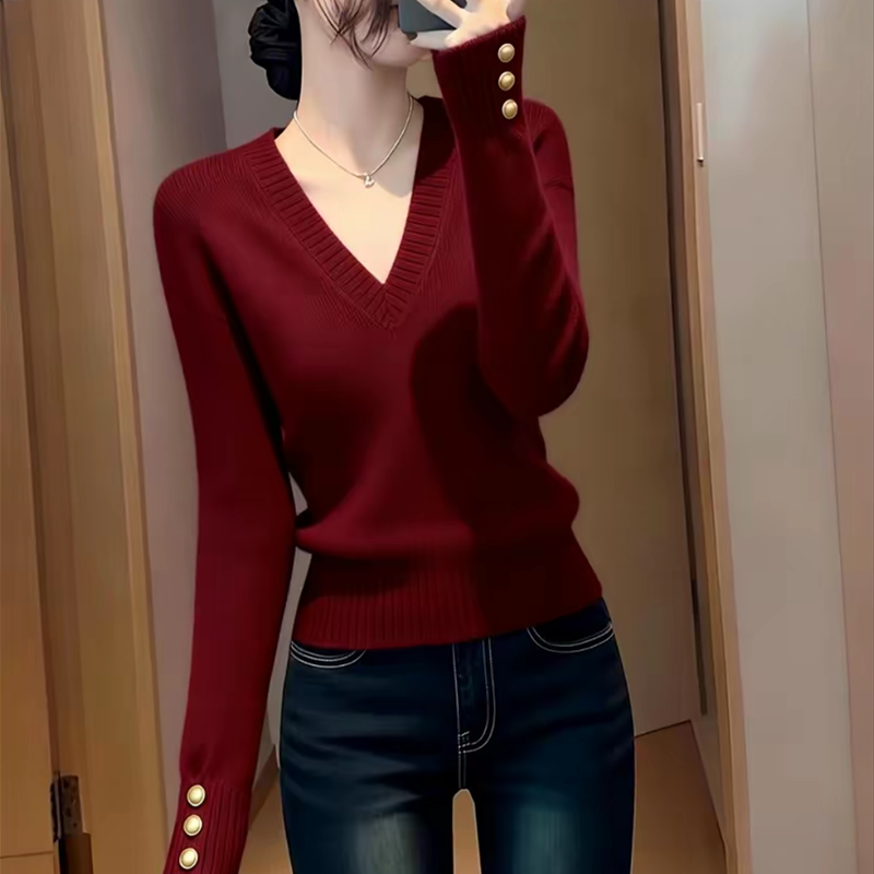 红色毛衣女2026年春季通勤修身显瘦套头V领针织衫高级感减龄上衣