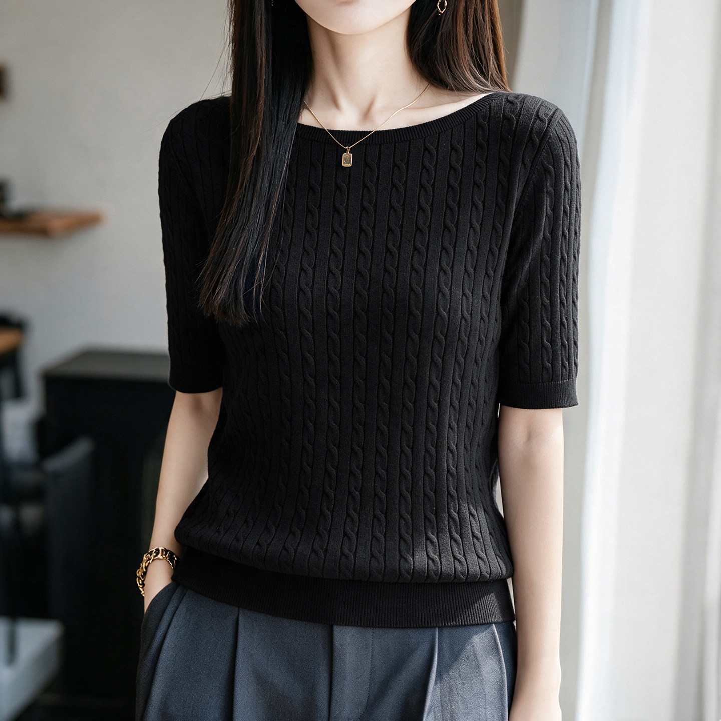 五分袖针织衫女羊毛衫2026秋季新款百搭麻花中袖打底一字领上衣女
