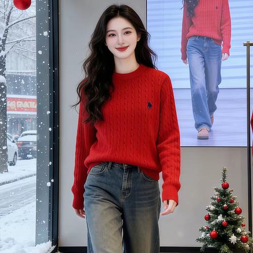 新年红色毛衣女春秋2026新款小马刺绣针织打底衫女内搭显瘦上衣