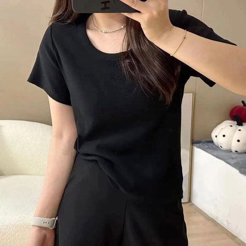 水滴U领正肩t恤女宽松显瘦休闲百搭夏季微胖大码女装螺纹短袖上衣