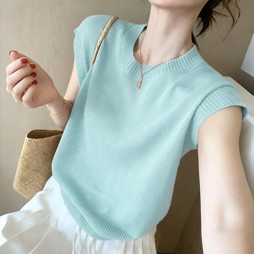 天丝亚麻小飞袖圆领针织衫上衣女